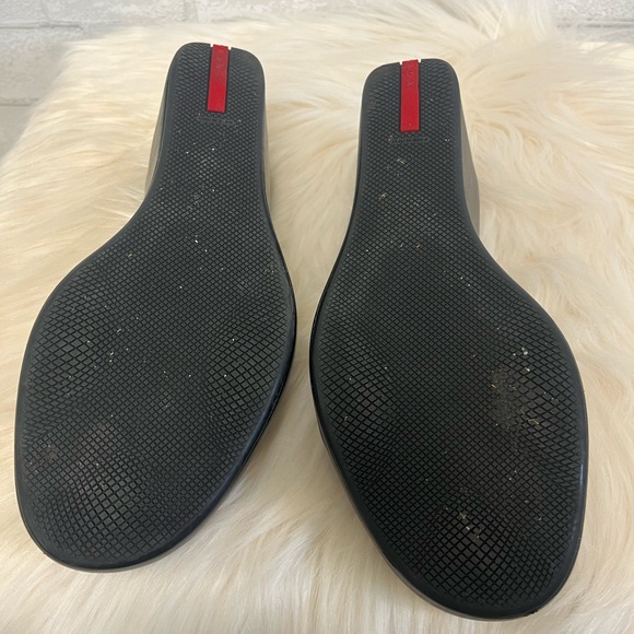 Prada Logo Open Toe Wedge Platform Slip Ons Size 38.5 - Picture 7 of 9